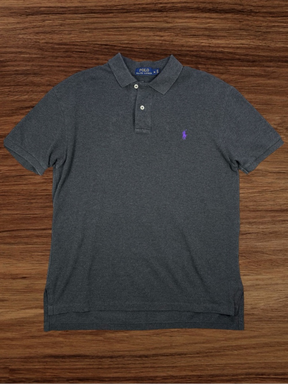 Polo Ralph Lauren Men’s Gray Custom Fit Polo with Purple stitch. Tag Size Medium